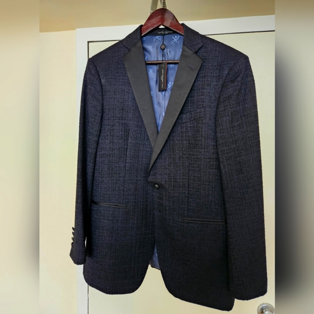 John Varvatos Black and blue pea Coat with Textured Fabric